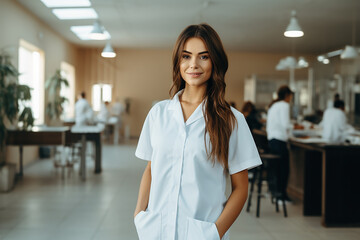 Portrait of a young female doctor in uniform in clinic