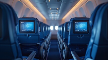 Experience comfort and entertainment on your next trip with our modern airplane seats equipped with personal LCD screens for an enjoyable inflight experience. - obrazy, fototapety, plakaty