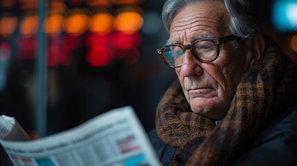The wise senior investor analyzes market news, building a robust portfolio for a financially secure future.