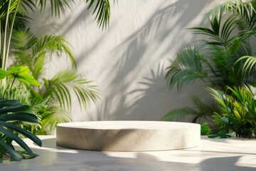 Marble podium bathed in sunlight, accompanied by tropical plants in a serene architectural setting - obrazy, fototapety, plakaty