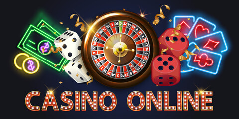 Casino Illustration with roulette wheel and playing chips. Vector gambling design with poker cards and dices