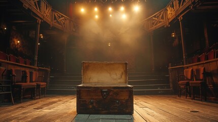 Step back in time to a bygone era stage, where a sepia-toned box reveals nostalgic treasures from theatrical history. - obrazy, fototapety, plakaty