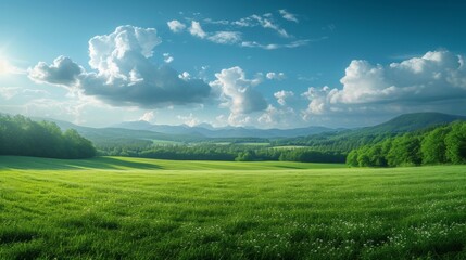 Obraz premium Discover the tranquility of the countryside, where lush green fields and forests offer a picturesque escape from the hustle and bustle of city life.