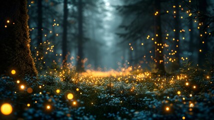 As twilight falls, the ethereal forest comes alive with sparkling fairy lights, casting a radiant, serene glow on the enchanted timberland. - obrazy, fototapety, plakaty