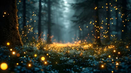 Gordijnen As twilight falls, the ethereal forest comes alive with sparkling fairy lights, casting a radiant, serene glow on the enchanted timberland. © tonstock