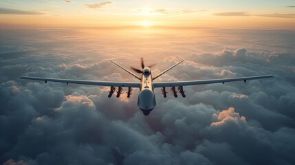 The unmanned military drone equipped with advanced surveillance tech flies high above the clouds, providing crucial intelligence for defense missions in conflict zones like Ukraine.