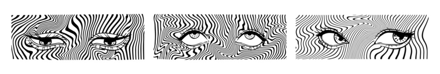 Female eyes on the background of an abstract wavy line. Hand drawn trendy vector illustration.