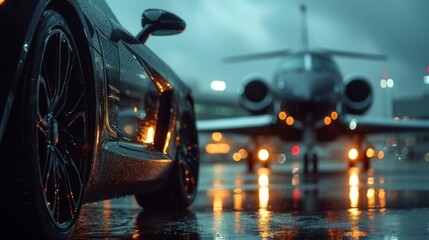 Experience the ultimate luxury with a private jet and high-performance car, where wealth and elegance combine for a thrilling ride in the sky and on the road. - obrazy, fototapety, plakaty