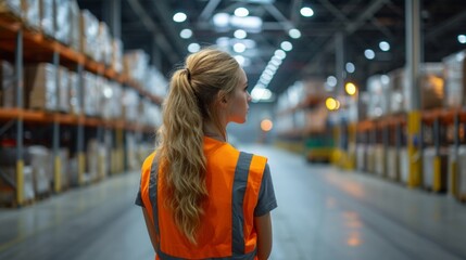 Woman in orange vest leads warehouse team, ensuring smooth distribution and safe cargo handling with forklifts and conveyer belts.