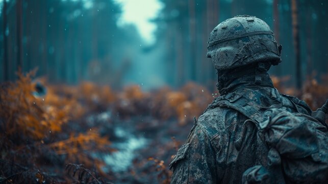 Amidst the dark forest, a weary soldier prepares for battle, his uniform stained with the earth's grit, helicopter blades slicing through the air above.