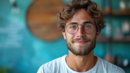 Capture the essence of joy with a portrait of a young man's infectious smile, framed by trendy glasses and a pop of turquoise, exuding confidence and happiness.