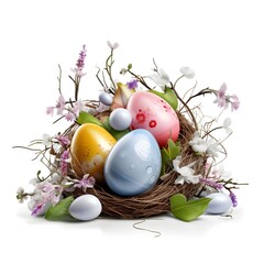 easter eggs in a nest Happy Easter isolated on white Generative ai