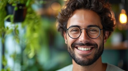 Capture the essence of a young man's vibrant smile, stylish glasses, and a hint of turquoise, embodying the spirit of confidence and joy in a stunning portrait.