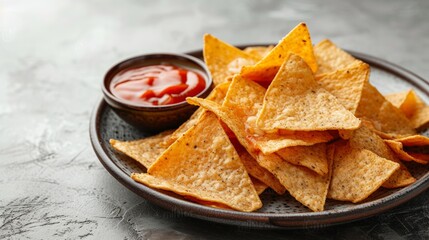 Indulge in a plate of nacho chips with a warm cheese sauce dip in the center, a perfect snack for any time.
