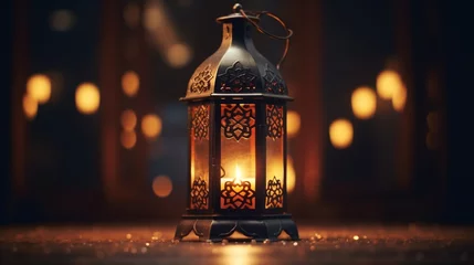 Fotobehang A glowing candle nestled within an elegant Arabic lantern casts a warm and inviting light, welcoming the sacred month of Ramadan. © Aqib