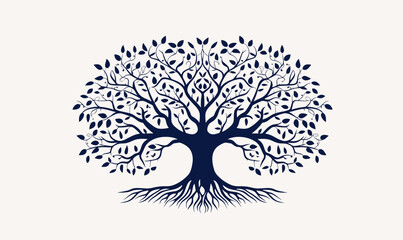 Tree of life with leaves, vector illustration tree with roots outline line drawing