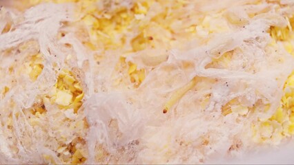 Moth larva crawling on surface. Food moth. Corn flakes infested by moth larva. Store food supplies. 4K, UHD