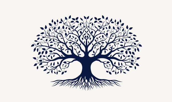 Tree of life with leaves, vector illustration tree with roots outline line drawing