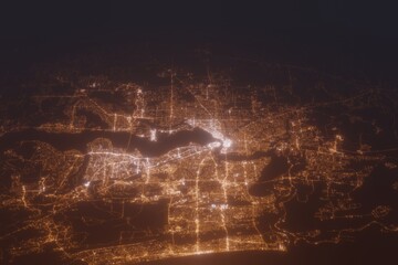 Aerial shot on Jacksonville (Florida, USA) at night, view from east. Imitation of satellite view on modern city with street lights and glow effect. 3d render
