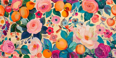 Vibrant hand-painted floral and fruit seamless pattern with colorful blooms flowers and fruits, bright floral background. Botanical wallpaper.