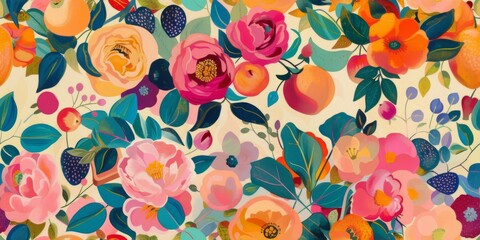 Vibrant hand-painted floral and fruit seamless pattern with colorful blooms flowers and fruits, bright floral background. Botanical wallpaper.