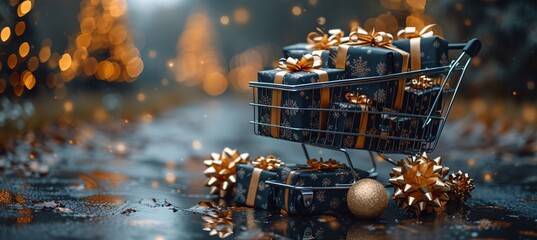 Golden Gift Basket with Snowflakes and Presents for the Holidays Generative AI