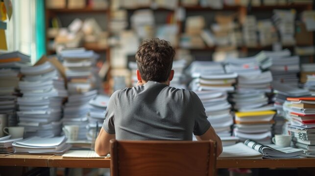 The overburdened accountant frantically sorted through the endless stack of paperwork, his pleas for help echoing in the silent office as the deadline loomed.