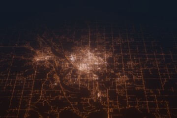 Aerial shot of Bismarck (North Dakota, USA) at night, view from south. Imitation of satellite view on modern city with street lights and glow effect. 3d render - obrazy, fototapety, plakaty