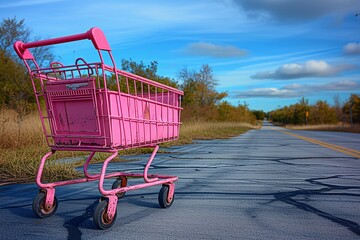 Pink Shopping Cart on the Road: A Monthly Event Inspired by the Latest Trends Generative AI - obrazy, fototapety, plakaty