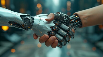In a groundbreaking moment, a human and robot seal their partnership with a firm handshake, symbolizing trust and cooperation in the age of AI.