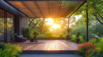 Relax under our stylish blue striped canopy in comfy chairs, perfect for outdoor dining and soaking up the sun on your backyard terrace.