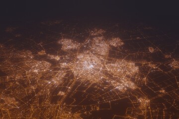 Aerial shot of Utrecht (Netherlands) at night, view from north. Imitation of satellite view on modern city with street lights and glow effect. 3d render