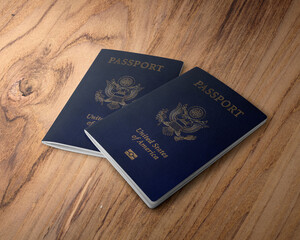 United States of America passport, top view on a textured wooden table