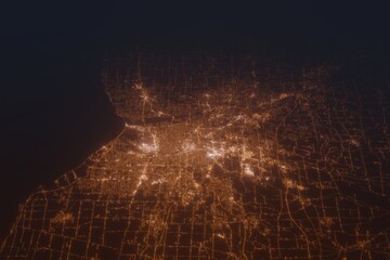Aerial shot on Rochester (New York, USA) at night, view from west. Imitation of satellite view on modern city with street lights and glow effect. 3d render - obrazy, fototapety, plakaty