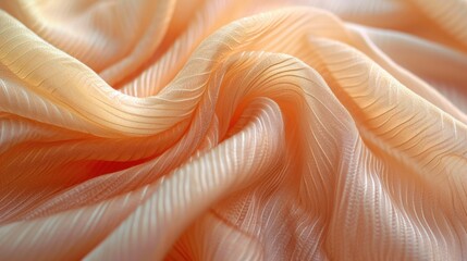 An elegant shot of striped fabric in a soft Peach Fuzz color, emphasizing its neat, linear pattern...