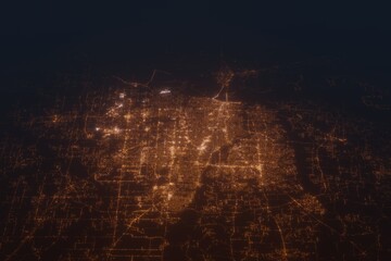 Aerial shot on Memphis (Tennessee, USA) at night, view from east. Imitation of satellite view on modern city with street lights and glow effect. 3d render - obrazy, fototapety, plakaty