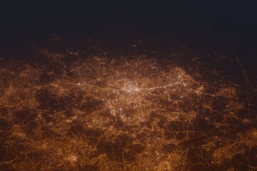 Aerial shot of Leeds (England, UK) at night, view from south. Imitation of satellite view on modern city with street lights and glow effect. 3d render - obrazy, fototapety, plakaty