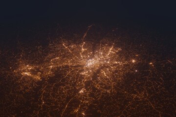 Aerial shot on Richmond (Virginia, USA) at night, view from east. Imitation of satellite view on modern city with street lights and glow effect. 3d render