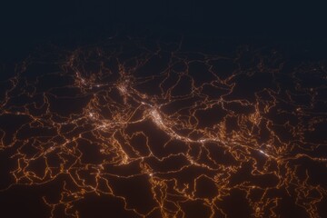 Aerial shot on Andorra La Vella at night, view from west. Imitation of satellite view on modern city with street lights and glow effect. 3d render - obrazy, fototapety, plakaty