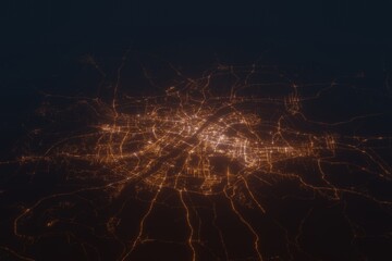 Aerial shot of Wuhan (China) at night, view from south. Imitation of satellite view on modern city with street lights and glow effect. 3d render - obrazy, fototapety, plakaty
