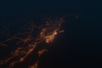 Aerial shot on Dubrovnik (Croatia) at night, view from west. Imitation of satellite view on modern city with street lights and glow effect. 3d render