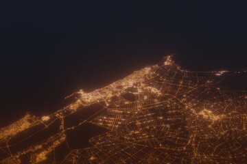 Aerial shot of Alexandria (Egypt) at night, view from south. Imitation of satellite view on modern city with street lights and glow effect. 3d render - obrazy, fototapety, plakaty