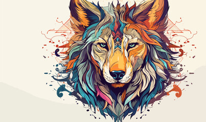 Tribal spirit animal wolf head colorful nature vector illustration in the middle of the artboard