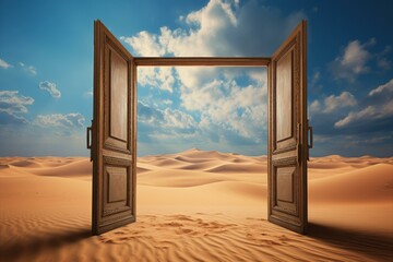 Barren Open door desert. Surreal future. Generate Ai