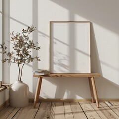 Minimalist Poster Frame Mockup on Modern Wooden Floor in Sunlit Beige and White Living Room