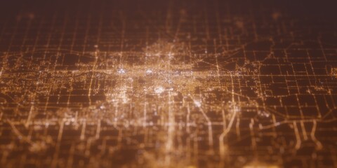 Street lights map of South Bend (Indiana, USA) with tilt-shift effect, view from north. Imitation of macro shot with blurred background. 3d render, selective focus