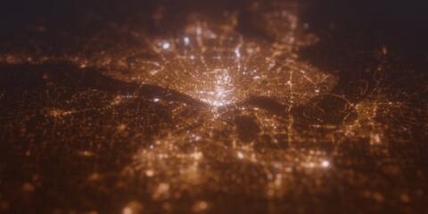 Street lights map of St Louis (Missouri, USA) with tilt-shift effect, view from east. Imitation of macro shot with blurred background. 3d render, selective focus - obrazy, fototapety, plakaty