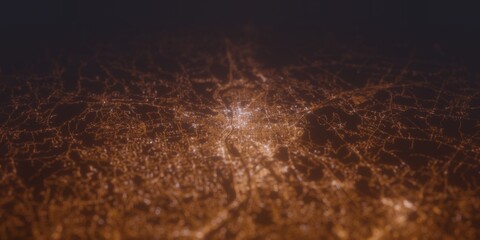 Street lights map of Manchester (New Hampshire, USA) with tilt-shift effect, view from south. Imitation of macro shot with blurred background. 3d render, selective focus