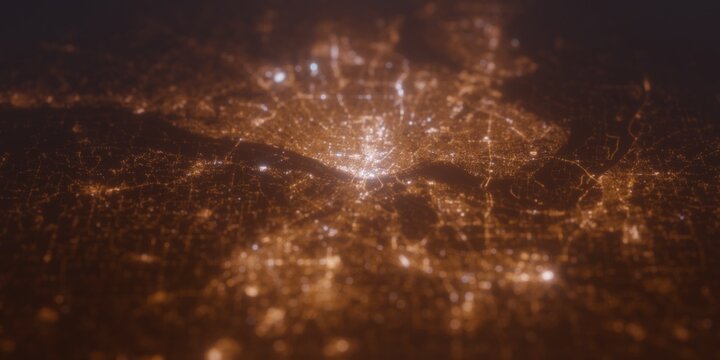 Street lights map of St Louis (Missouri, USA) with tilt-shift effect, view from east. Imitation of macro shot with blurred background. 3d render, selective focus