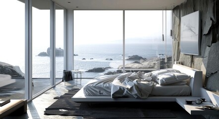 Serene Nordic Master Bedroom With Ocean View in Grey and White Design